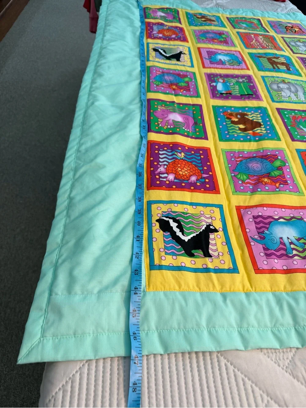 Mint Green Noah’s Ark Themed Handmade Baby Quilt — One of a Kind!!!